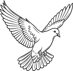 Obraz premium White dove silhouette with outstretched wings for peace symbol and flying bird freedom concept – Black and White Vector Illustration