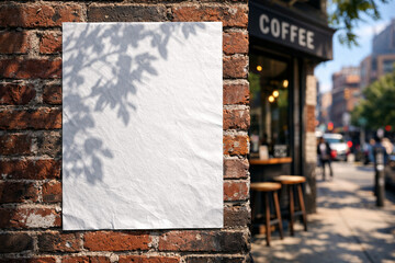 Blank white poster mockup glued to a weathered brick wall on a sunny urban street with tree shadows © You