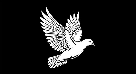 Obraz premium White dove silhouette with outstretched wings for peace symbol and flying bird freedom concept – Black and White Vector Illustration
