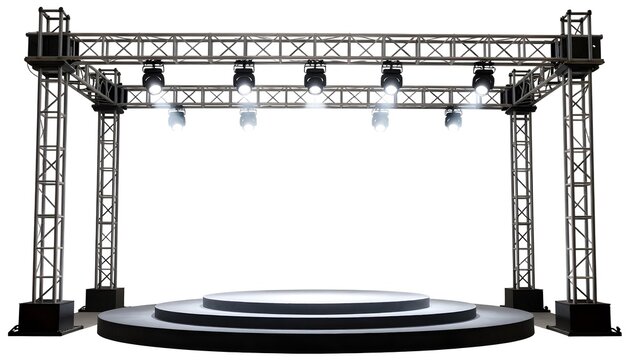Modern stage lighting rig with a circular podium, ready for performance or presentation