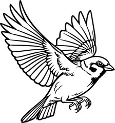 Obraz premium Graceful sparrow line art featuring soaring bird wing detail for elegant motion and symbolic wildlife illustration – Black Vector Illustration