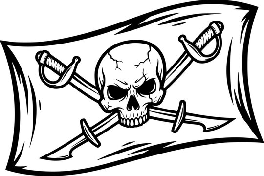 Pirate flag line art featuring skull and crossed sabers for historical maritime threat and adventure design element &ndash; Black Vector Illustration