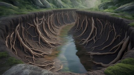 A deep chasm or sinkhole reveals exposed tree roots lining the steep dirt walls surrounding a narrow stream of water.