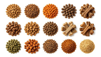 Assortment of dry dog food kibble and bone-shaped treats arranged in piles on white background