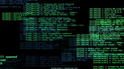 Chaotic green code, system logs, and error messages fill the screen, creating a visual of data breaches, system failures, glitches, and cyber intrusion in a high-pressure digital environment. - Powered by Adobe