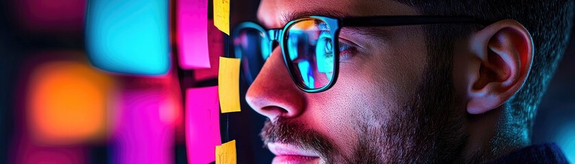 Close-up portrait of a man in vibrant lighting.