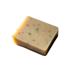 Beige soap bar with green herbs on black background isolated on a transparent background