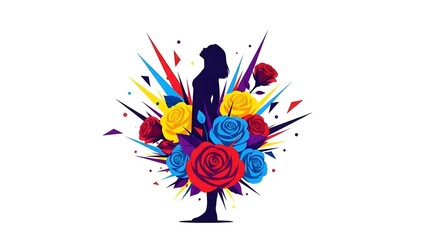  Dark Blue Woman Silhouette Standing on Colorful Spring Flowers with Copy Space