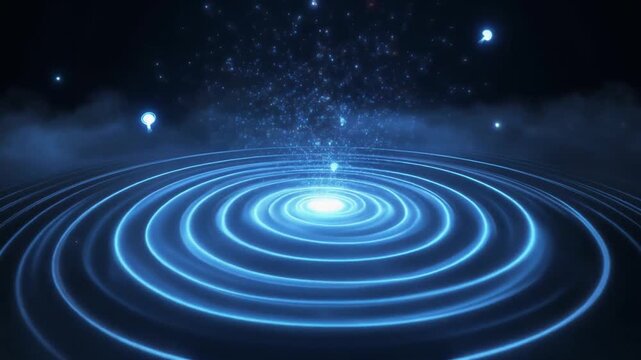 Glowing Blue Ripples Expanding Concentric Circles Emitting Light Particles on Dark Background with Fog
