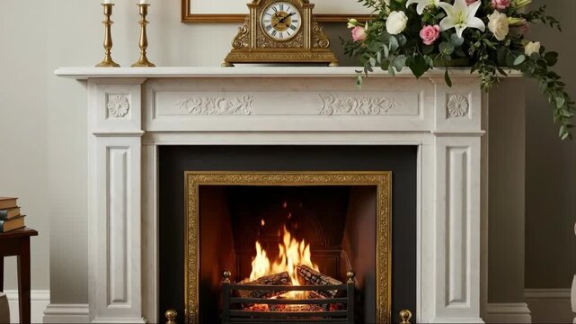 Elegant fireplace transformation with flickering flames and floral decor in a cozy living room