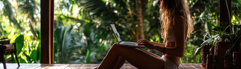 Woman working on a laptop outdoors in a lush environment.