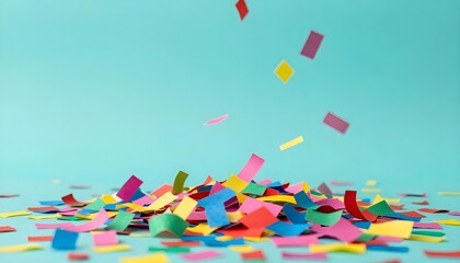 Colorful confetti falling and scattering on a bright turquoise background for celebrations