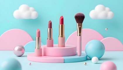 Pastel makeup display with lipsticks and brush on podiums, dreamy cloud background
