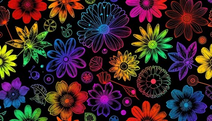 Vibrant rainbow gradient flowers pattern with black background and sketch style