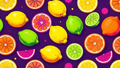 Vibrant citrus fruits pattern with lemons, limes, and oranges on a purple background