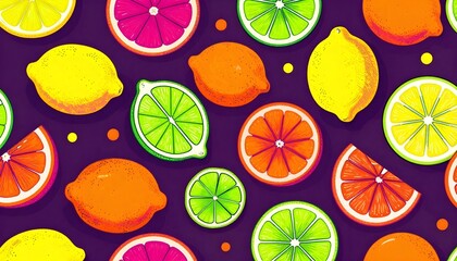 Vibrant citrus fruit slices and whole fruits pattern on a dark purple background