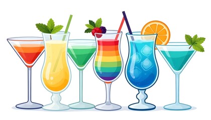 A vibrant collection of colorful cocktails garnished with mint and fruit, perfect for celebrations