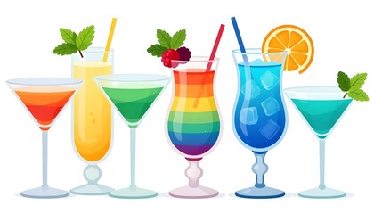 Collection of colorful cocktails with garnishes and straws, perfect for summer celebrations