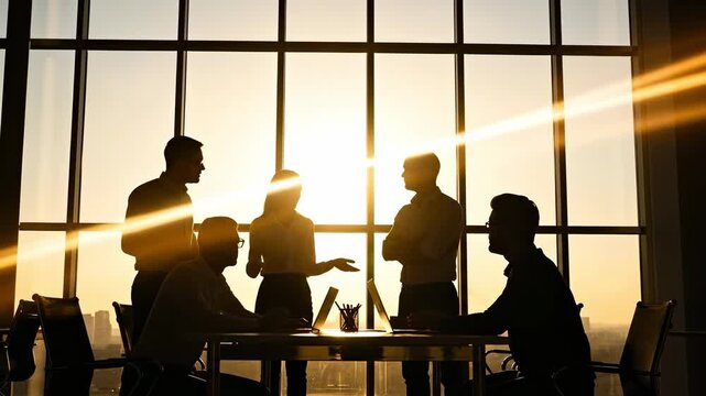 Business Meeting Silhouette at Sunset - Professional Team Discussion in Modern Office Space