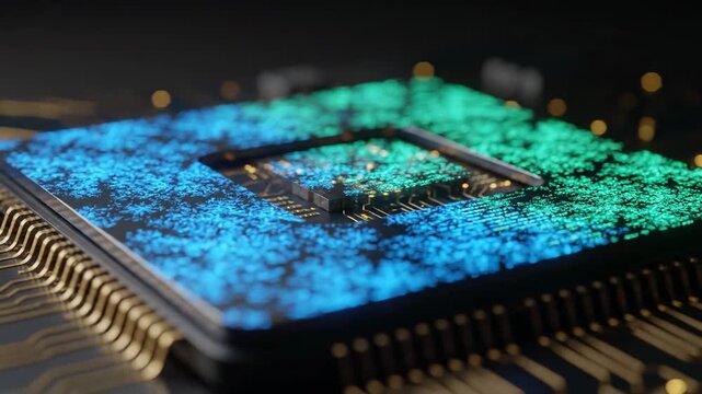 A detailed macro of a computer processor, showing micro-components