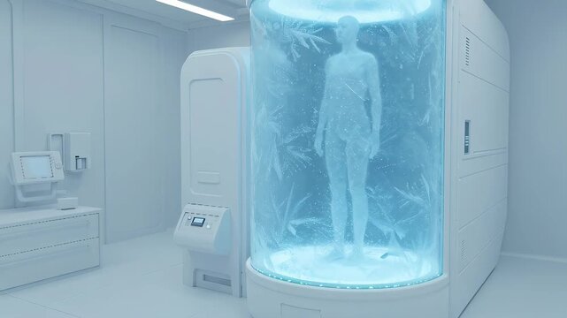 Human silhouette in cryocapsule with blue light, futuristic lab environment, cloning and cryogenic preservation concept