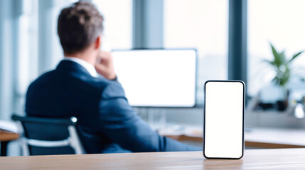 A focused businessman in a suit examines his mobile phone with a blank screen, seated at a desk in a minimalist office, deep in thought
