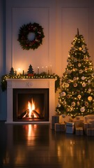 A christmas tree with lights and a fireplace