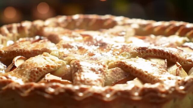 Close-up of a freshly baked apple pie with a golden crust, ready to serve.