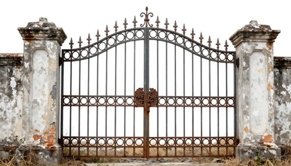Ornate wrought iron gate with weathered stone pillars and peeling paint, isolated on white
