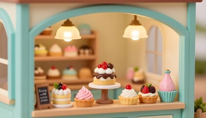 Charming miniature bakery display with assorted tiny cakes and pastries under warm lights