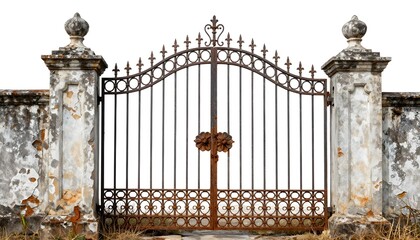 Ornate wrought iron gate with weathered stone pillars and crumbling wall, isolated on white