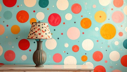 Colorful Polka Dot Wallpaper and Lamp on a Table.