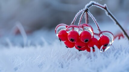Bright red berries coated in clear ice and frost rest upon a bed of white frozen grass in the cold winter morning.