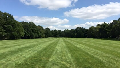 Vast expanse of perfectly manicured green lawn with striped patterns under a blue sky