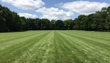 Vast green lawn with perfectly striped mowing patterns under a bright blue sky with clouds