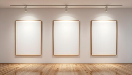Empty art gallery with three blank frames and track lighting, showcasing a minimalist exhibition space