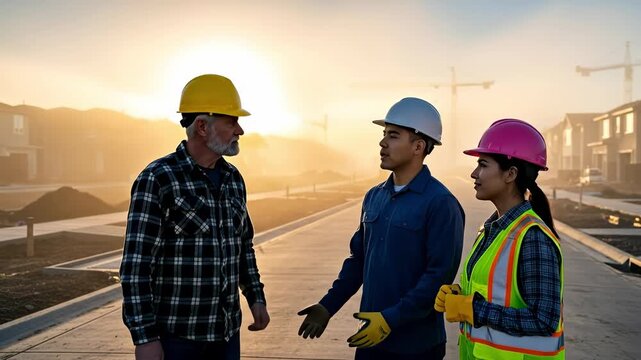 Construction Site Team Discussing Project Details at Sunrise with Safety Helmets