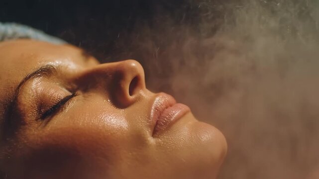 Medium shot of a woman receiving a relaxing hydrotherapy facial with warm steam enveloping her skin for deep pore cleansing and rejuvenation.