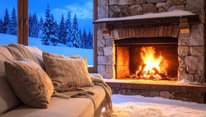 Cozy Winter Scene - Fireplace, Couch, and Snowy Landscape.