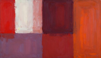 Abstract expressionist painting with bold blocks of red, purple, and cream colors