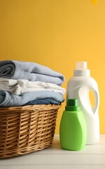 A basket full of laundry detergents and a laundry basket