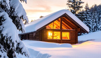Cozy wooden cabin nestled in a snowy winter wonderland at sunset.