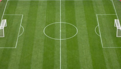Aerial view of a pristine green soccer field with white markings and goals ready for play