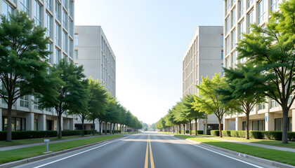 Modern business park with office buildings and clean internal road in daylight