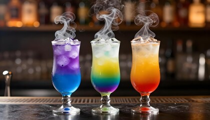 Three colorful layered cocktails with smoke effect on a bar counter