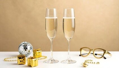 Two glasses of champagne with party decorations for a celebration