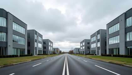 Corporate business park with empty road and modern office buildings