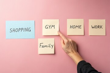 Hand pointing at sticky notes labeled with various daily activities on a pastel pink background