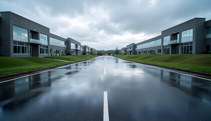 Modern business park with empty internal road and office buildings on overcast day