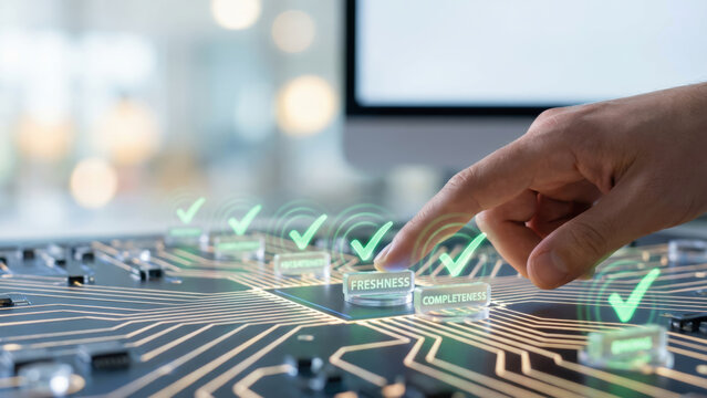 AI risk controls concept with hand pressing freshness button on futuristic circuit board interface for data quality management - Powered by Adobe